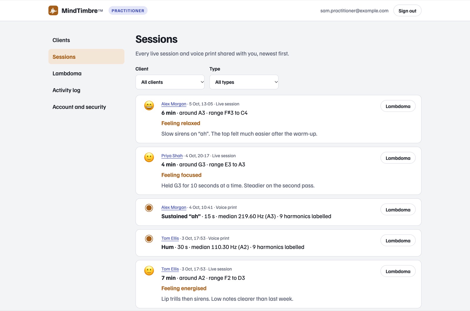 The Sessions view: shared live sessions and voice prints from several clients, newest first, with filters for client and type.