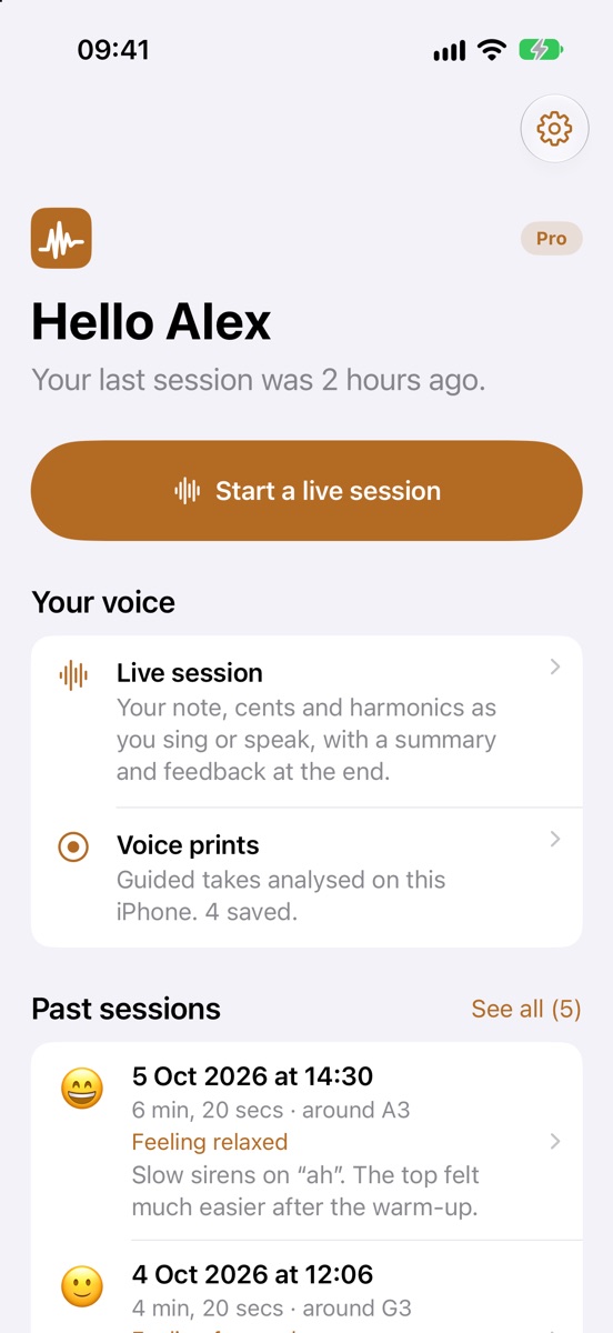 The MindTimbre dashboard greeting Alex, with a Start a live session button, links to Live and Voice prints, and recent sessions with their ratings.