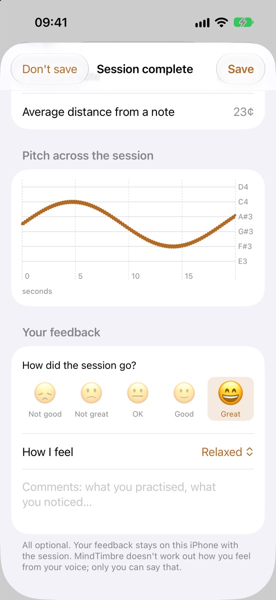 The end of a live session: a pitch chart across the session, a row of five smiley faces with Great selected, and How I feel set to Relaxed.