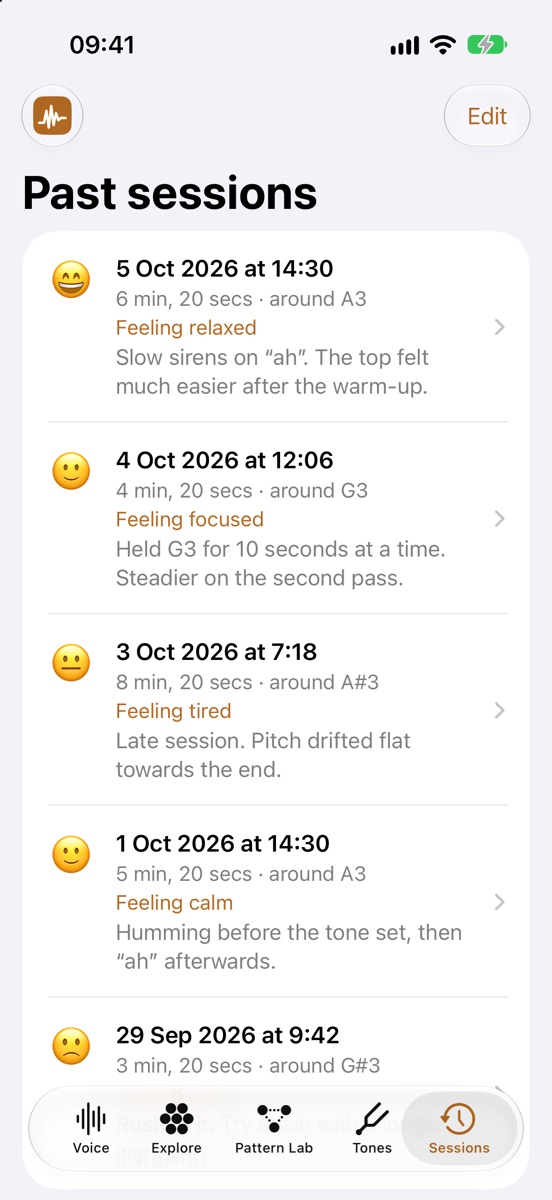 The Sessions tab listing past live sessions, each with a smiley rating, length, middle note, feeling and comment.